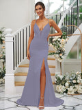 Sheath/Column Silk like Satin Ruched V-neck Sleeveless Sweep/Brush Train Bridesmaid Dresses TPP0004907