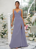 A-Line/Princess Silk like Satin Ruched V-neck Sleeveless Floor-Length Bridesmaid Dresses TPP0004934