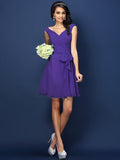 A-Line/Princess V-neck Pleats Bowknot Sleeveless Short Chiffon Bridesmaid Dresses TPP0005372