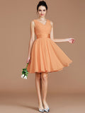 A-Line/Princess V-neck Sleeveless Sash/Ribbon/Belt Short/Mini Chiffon Bridesmaid Dresses TPP0005048