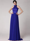 Sheath/Column Halter Sleeveless Pleats Long Elastic Woven Satin Chiffon Bridesmaid Dresses TPP0005653