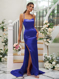 Sheath/Column Elastic Woven Satin Ruched Square Sleeveless Sweep/Brush Train Bridesmaid Dresses TPP0004933