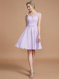 A-Line/Princess V-neck Sleeveless Lace Short/Mini Chiffon Bridesmaid Dresses TPP0005355