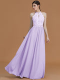 A-Line/Princess Halter Sleeveless Floor-Length Lace Chiffon Bridesmaid Dresses TPP0005137