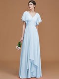 A-Line/Princess V-neck Short Sleeves Floor-Length Ruched Chiffon Bridesmaid Dresses TPP0005041