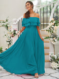 A-Line/Princess Chiffon Ruffles Off-the-Shoulder Sleeveless Floor-Length Bridesmaid Dresses TPP0004914