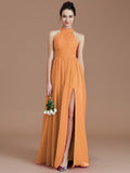 A-Line/Princess Halter Sleeveless Ruched Floor-Length Chiffon Bridesmaid Dresses TPP0005060