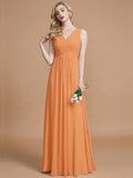 A-Line/Princess V-neck Sleeveless Ruched Floor-Length Chiffon Bridesmaid Dresses TPP0005343