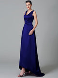 A-Line/Princess Straps Ruched Sleeveless High Low Satin Bridesmaid Dresses TPP0005525