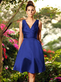 A-Line/Princess V-neck Ruched Sleeveless Short Satin Bridesmaid Dresses TPP0005404