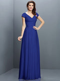 A-Line/Princess V-neck Pleats Short Sleeves Long Chiffon Bridesmaid Dresses TPP0005256