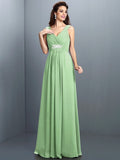 A-Line/Princess V-neck Beading Pleats Sleeveless Long Chiffon Bridesmaid Dresses TPP0005270