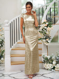 Sheath/Column Sequins Ruched Scoop Short Sleeves Floor-Length Bridesmaid Dresses TPP0004938