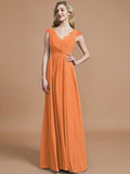 A-Line/Princess V-neck Sleeveless Ruched Floor-Length Chiffon Bridesmaid Dresses TPP0005567