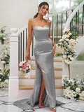 Sheath/Column Elastic Woven Satin Ruched Square Sleeveless Sweep/Brush Train Bridesmaid Dresses TPP0004933