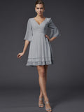 A-Line/Princess V-neck 1/2 Sleeves Beading Short Chiffon Bridesmaid Dresses TPP0005089