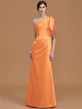 Trumpet/Mermaid One-Shoulder Sleeveless Floor-Length Ruched Satin Bridesmaid Dresses TPP0005353