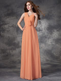 A-line/Princess V-neck Hand-Made Flower Sleeveless Long Chiffon Bridesmaid Dresses TPP0005784