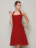 A-Line/Princess Halter Sleeveless Pleats Bowknot Short Chiffon Bridesmaid Dresses TPP0005094