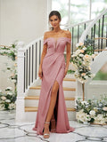 Sheath/Column Stretch Crepe Ruched Off-the-Shoulder Sleeveless Sweep/Brush Train Bridesmaid Dresses TPP0004926