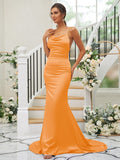 Sheath/Column Charmeuse Ruched Square Sleeveless Sweep/Brush Train Bridesmaid Dresses TPP0004912