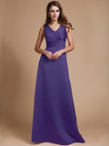 A-Line/Princess V-neck Long Sleeveless Elastic Woven Satin Bridesmaid Dresses TPP0005409