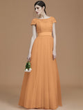 A-Line/Princess Bateau Short Sleeves Floor-Length Sash/Ribbon/Belt Tulle Bridesmaid Dresses TPP0005494