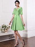 Sheath/Column V-neck Half Sleeves Pleats Taffeta Bridesmaid Dresses TPP0005658