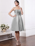 A-Line/Princess Strapless Sleeveless Pleats Hand-Made Flower Short Elastic Woven Satin Bridesmaid Dresses TPP0005843