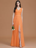 A-Line/Princess V-neck Sleeveless Floor-Length Ruched Chiffon Bridesmaid Dresses TPP0005284