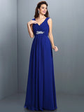 A-Line/Princess V-neck Beading Pleats Sleeveless Long Chiffon Bridesmaid Dresses TPP0005270