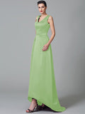 A-Line/Princess Straps Ruched Sleeveless High Low Satin Bridesmaid Dresses TPP0005525