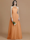 A-Line/Princess Halter Sleeveless Floor-Length Ruffles Tulle Bridesmaid Dresses TPP0005376