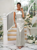 Sheath/Column Sequins Ruched Scoop Short Sleeves Floor-Length Bridesmaid Dresses TPP0004938