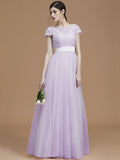 A-Line/Princess Bateau Short Sleeves Floor-Length Sash/Ribbon/Belt Tulle Bridesmaid Dresses TPP0005494