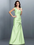 A-Line/Princess V-neck Pleats Sleeveless Long Satin Bridesmaid Dresses TPP0005497