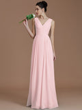 A-Line/Princess V-neck Sleeveless Ruched Floor-Length Chiffon Bridesmaid Dresses TPP0005037