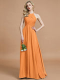 A-Line/Princess Halter Sleeveless Ruched Floor-Length Chiffon Bridesmaid Dresses TPP0005208