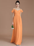 A-Line/Princess Off-the-Shoulder Sleeveless Ruched Floor-Length Chiffon Bridesmaid Dresses TPP0005324