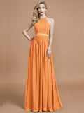 A-Line/Princess Halter Sleeveless Ruched Floor-Length Chiffon Bridesmaid Dresses TPP0005700