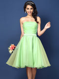 A-Line/Princess Strapless Pleats Sleeveless Short Satin Bridesmaid Dresses TPP0005499