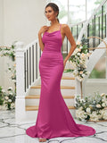 Sheath/Column Charmeuse Ruched Square Sleeveless Sweep/Brush Train Bridesmaid Dresses TPP0004912