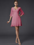 A-Line/Princess V-neck 1/2 Sleeves Beading Short Chiffon Bridesmaid Dresses TPP0005089