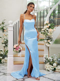 Sheath/Column Elastic Woven Satin Ruched Square Sleeveless Sweep/Brush Train Bridesmaid Dresses TPP0004933