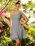 A-Line/Princess One-Shoulder Hand-Made Flower Sleeveless Short Chiffon Bridesmaid Dresses TPP0005319