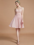 A-Line/Princess V-neck Sleeveless Lace Short/Mini Chiffon Bridesmaid Dresses TPP0005355