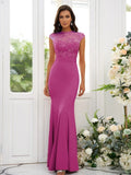 Trumpet/Mermaid Charmeuse Applique High Neck Sleeveless Floor-Length Bridesmaid Dresses TPP0004924