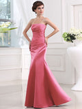 Sheath/Column Strapless Sleeveless Long Pleats Satin Bridesmaid Dresses TPP0005434