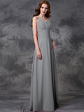 A-line/Princess Spaghetti Straps Ruffles Sleeveless Long Chiffon Bridesmaid Dresses TPP0005677