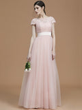 A-Line/Princess Bateau Short Sleeves Floor-Length Sash/Ribbon/Belt Tulle Bridesmaid Dresses TPP0005494